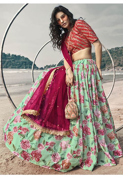 Mint Shimmer Lehenga With Oyster Floral Blouse and Pink Dupatta