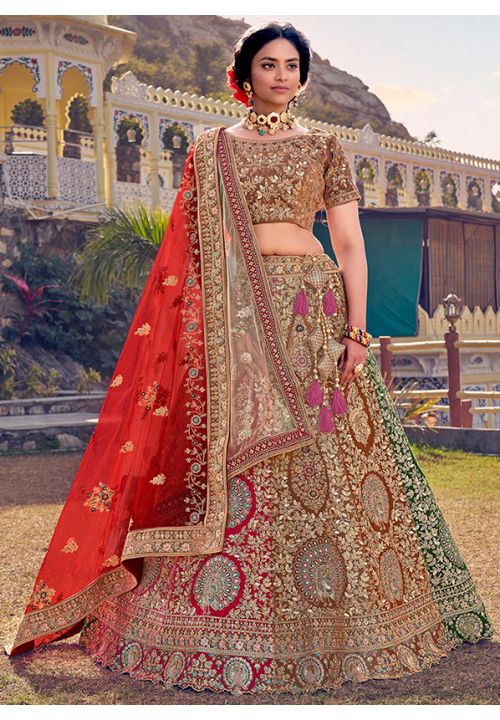 Red Bridal Lehenga In Velvet With Heavy Embroidered Work