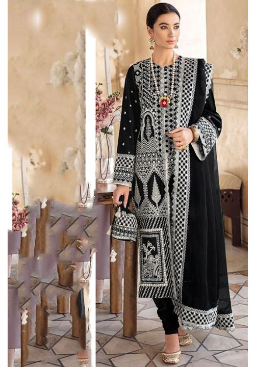 Black Faux Georgette Pant Suit Black Heavy Embroidery Work:Arabic Attire