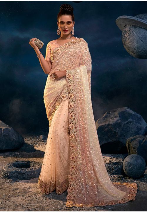 Peach Imported Net Silk Wedding Reception Saree SFSA352511 Siya Fashions