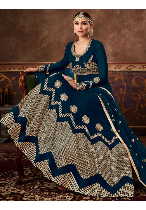 Georgette Indian Wedding Anarkali Suit In Prussian Blue Color