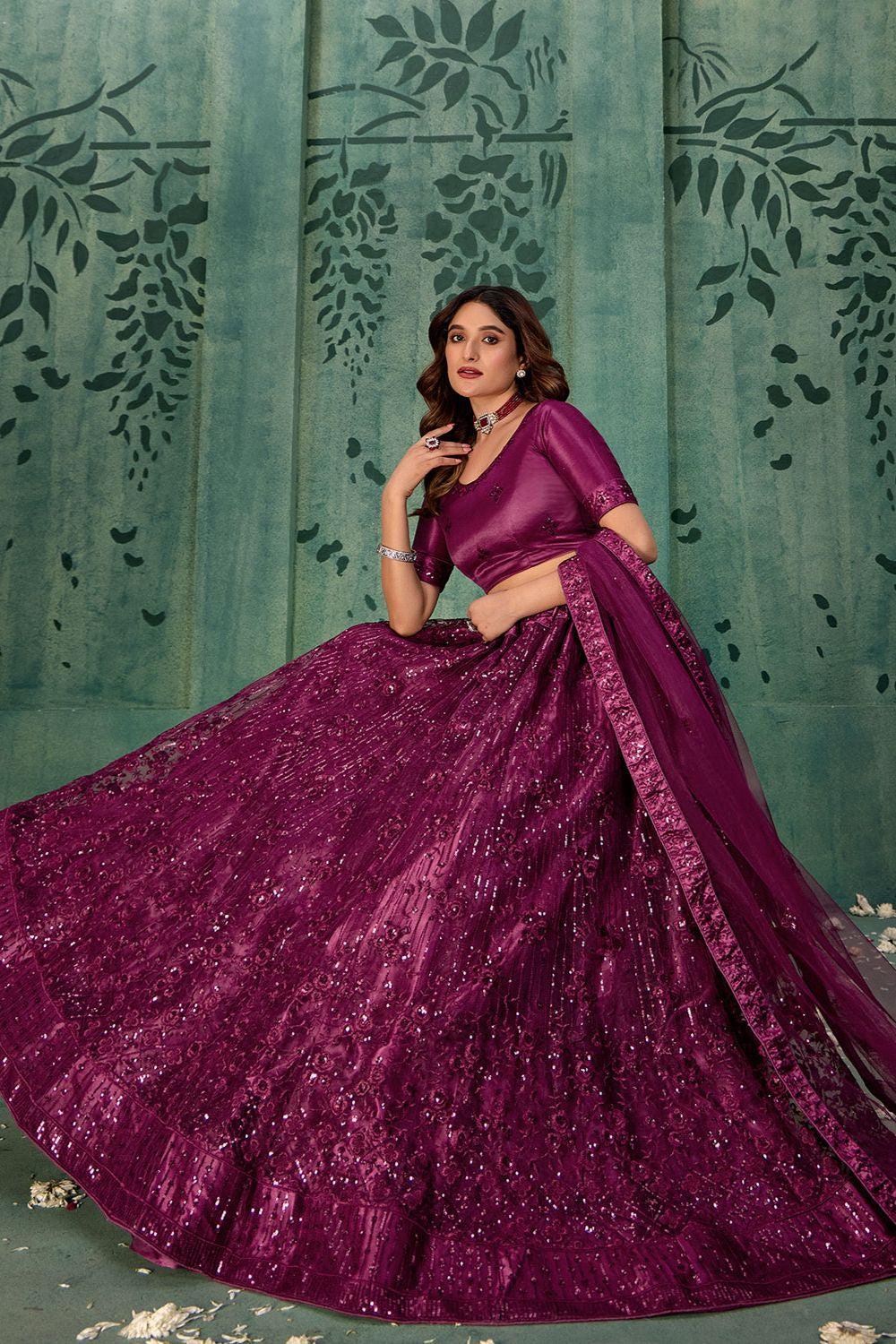 Burgundy Net Wedding Party Lehenga Choli SFYS143204