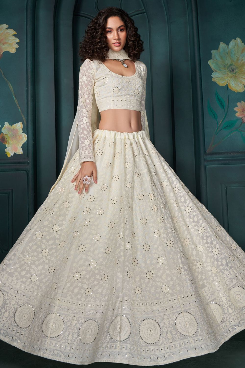 Off White Georgette Bridal Reception Lehenga Set SFSA467103