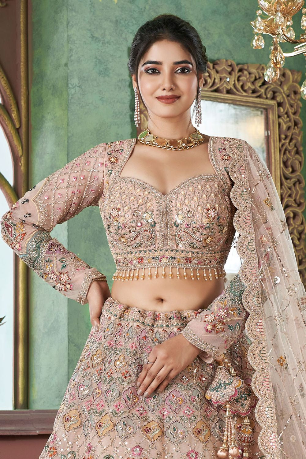 Beige Net Bridal Engagement Lehenga Choli SFRELS3506R