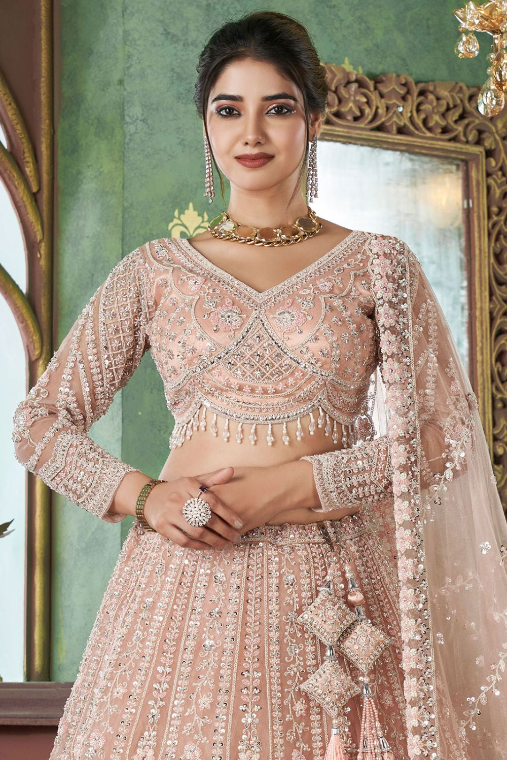 Peach Net Bridal Engagement Lehenga Choli SFRELS3507R