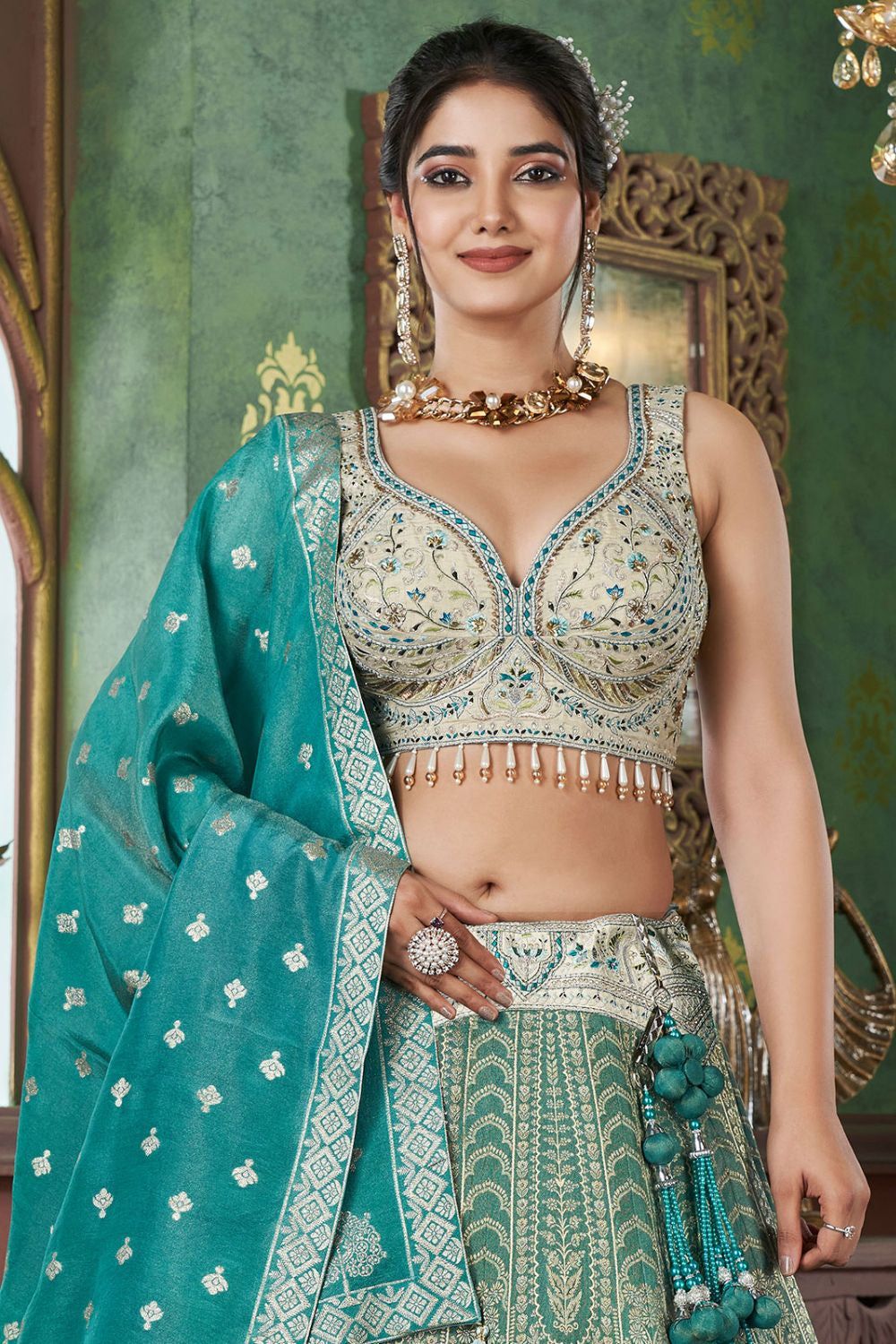 Green Jacquard Designer Wedding Reception Lehenga Set SFRELS3602R