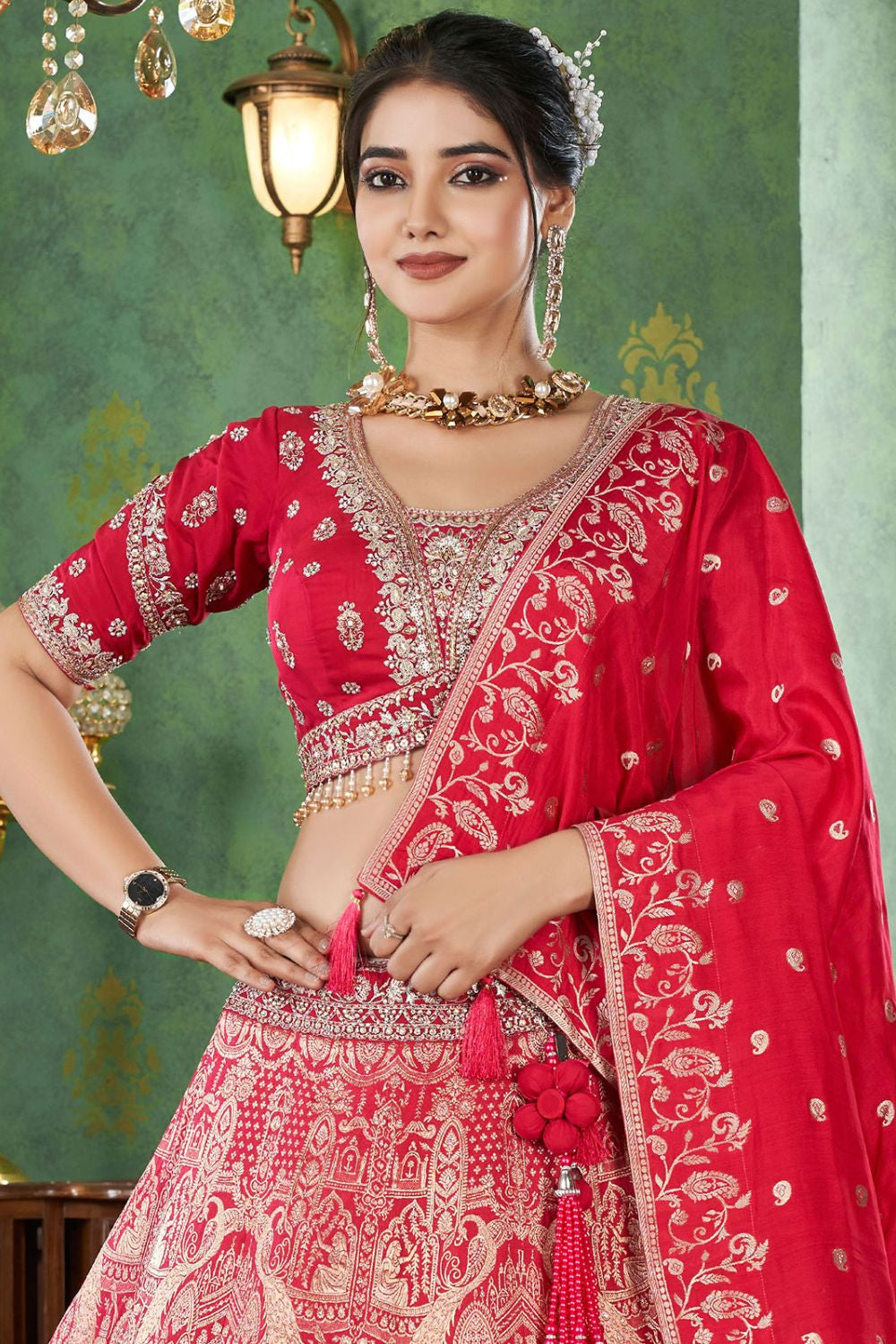 Red Jacquard Designer Bridal Lehenga SFRELS3603R