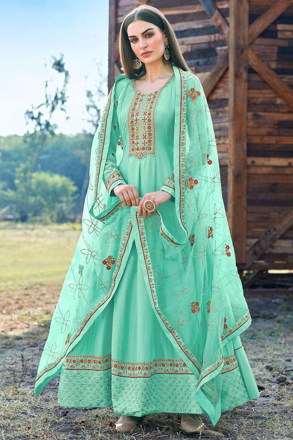 Turquoise Wedding Haldi Sangeet Party Silk Anarkali Salwar Gown SFSA462906