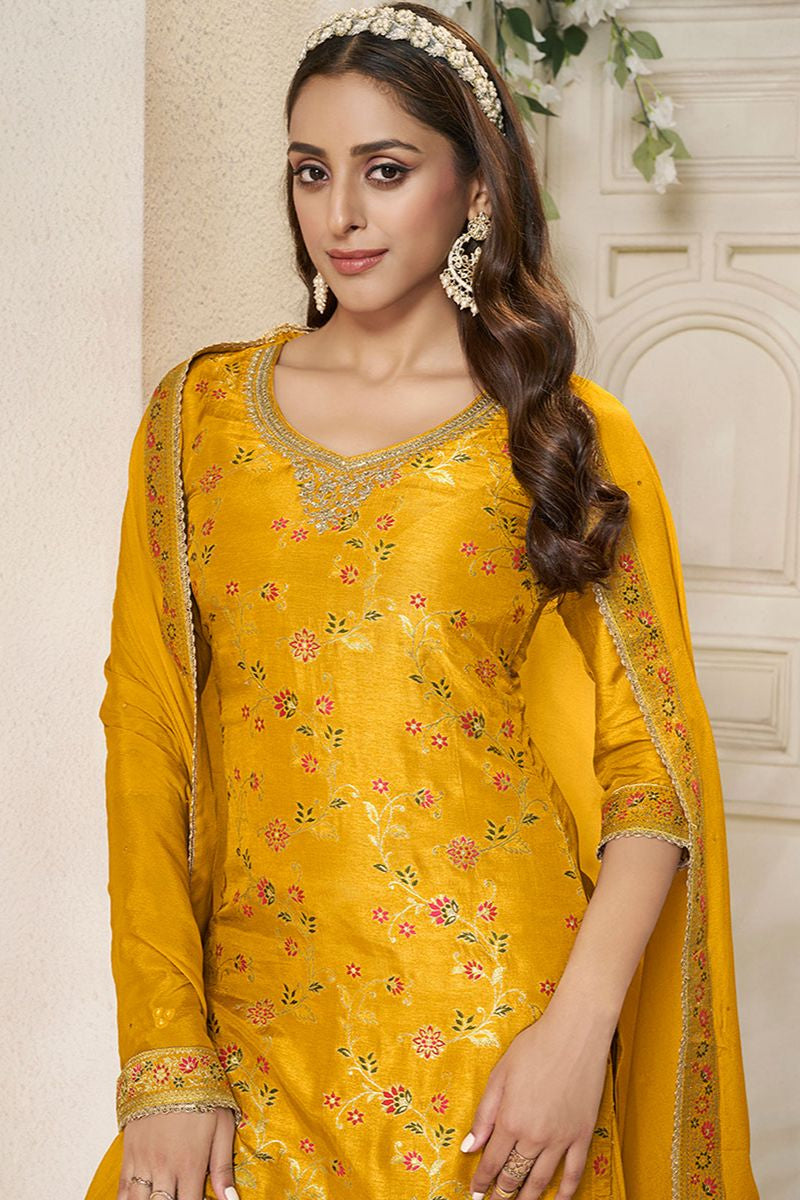 Yellow Sarara Kameez Readymade Salwar Kameez In Dola Silk SFVNF1705R