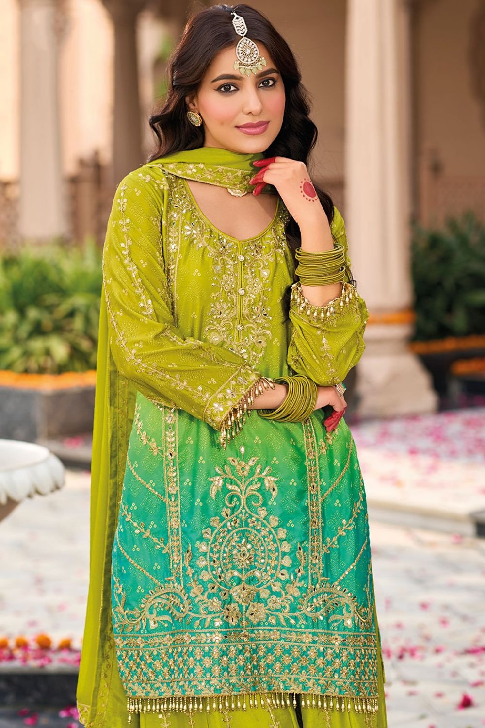 Green Haldi Ceremony Readymade Palazzo Kameez SFFK23702R