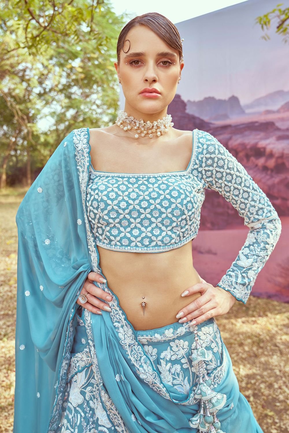 Turquoise Georgette Designer Lehengas Choli SFROY509005