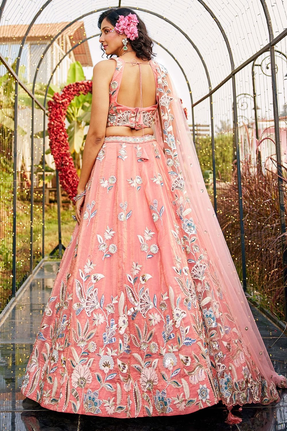 Orange Net Wedding Sangeet Designer Lehenga SFROY509006