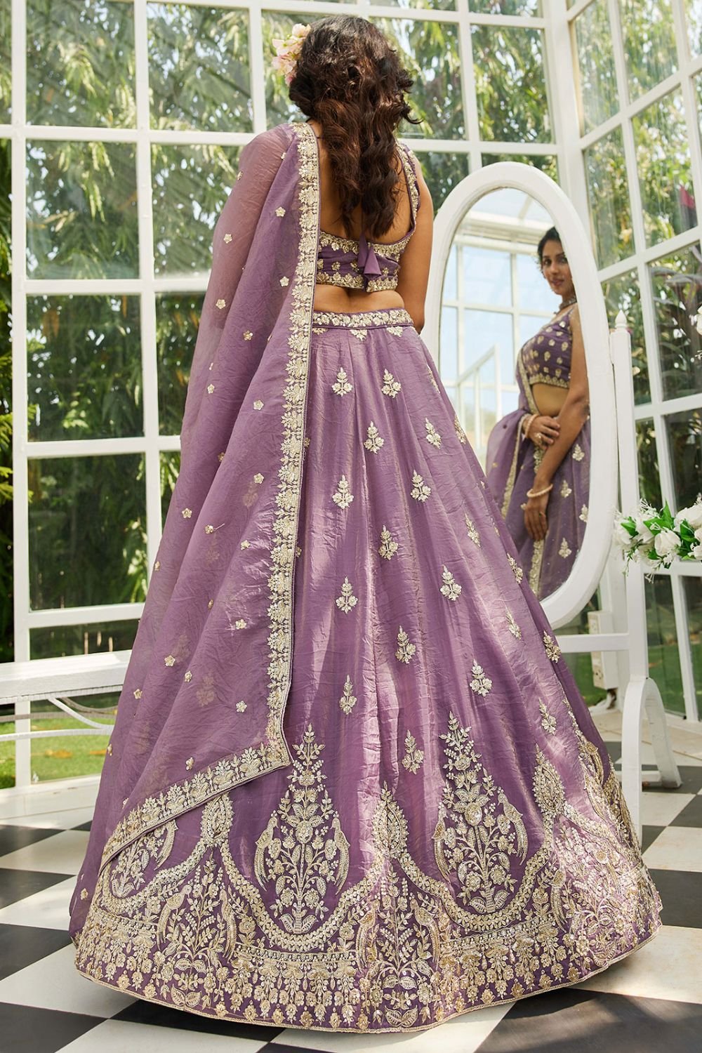 Purple Tissue Wedding Reception Lehenga Choli SFROY509011