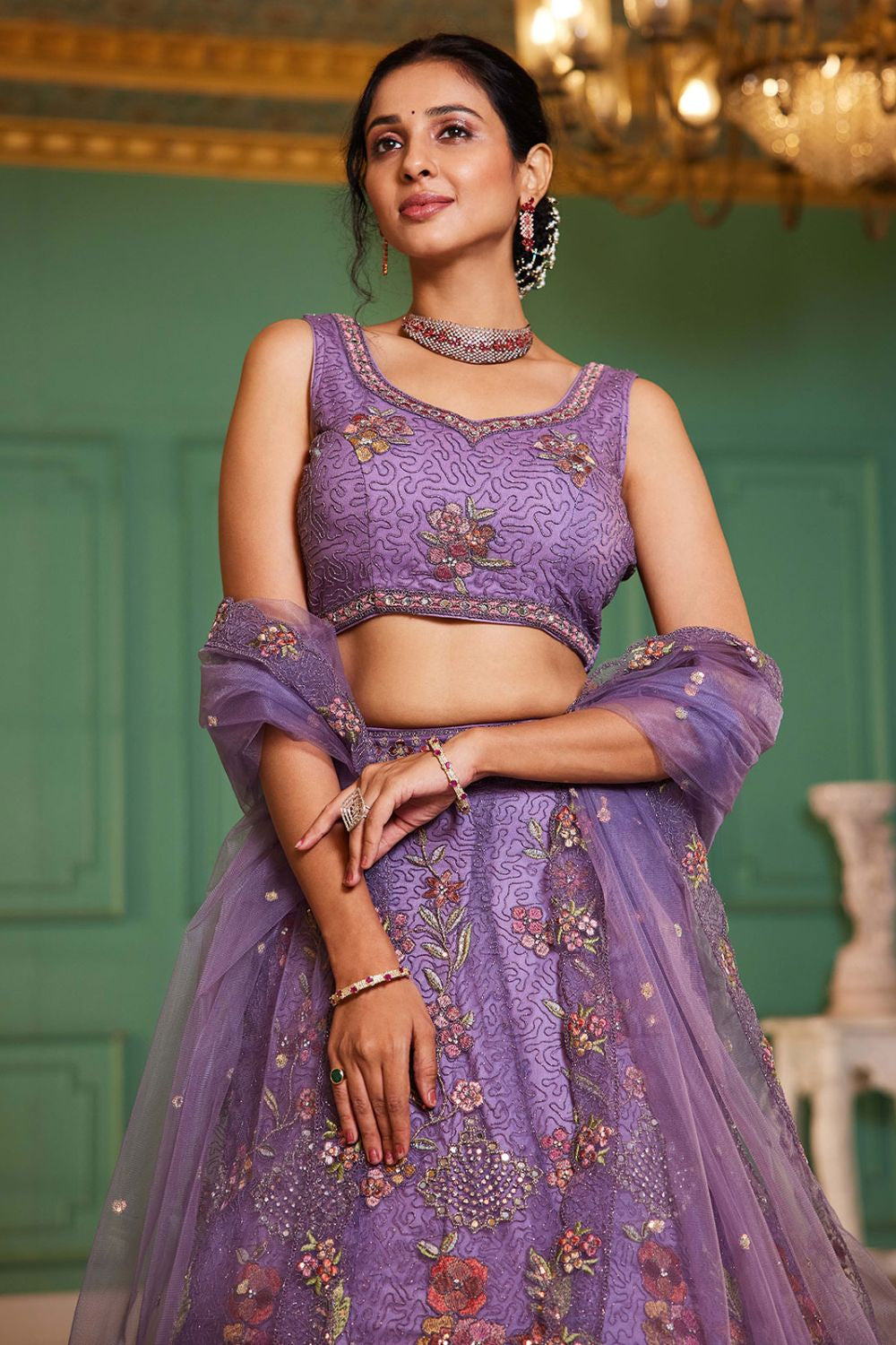 Purple Net Wedding Lehenga With Zari Work SFROY509012