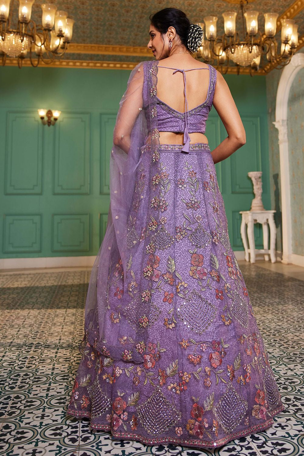 Purple Net Wedding Lehenga With Zari Work SFROY509012