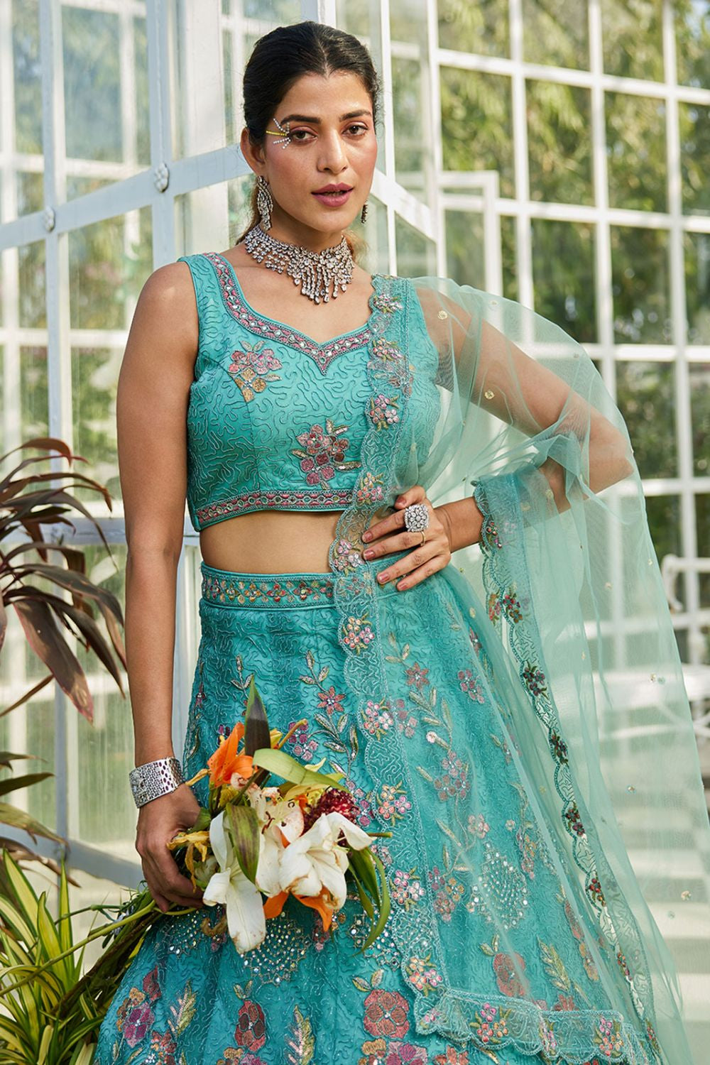 Green Net Wedding Lehenga With Zari Work SFROY509013