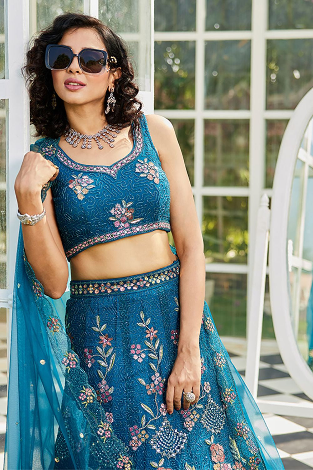 Blue Net Wedding Lehenga With Zari Work SFROY509014