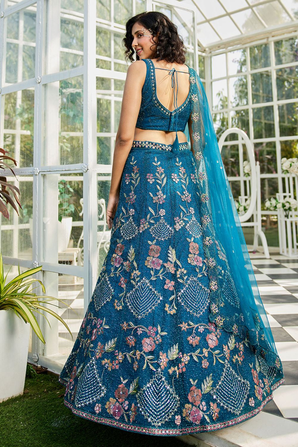 Blue Net Wedding Lehenga With Zari Work SFROY509014