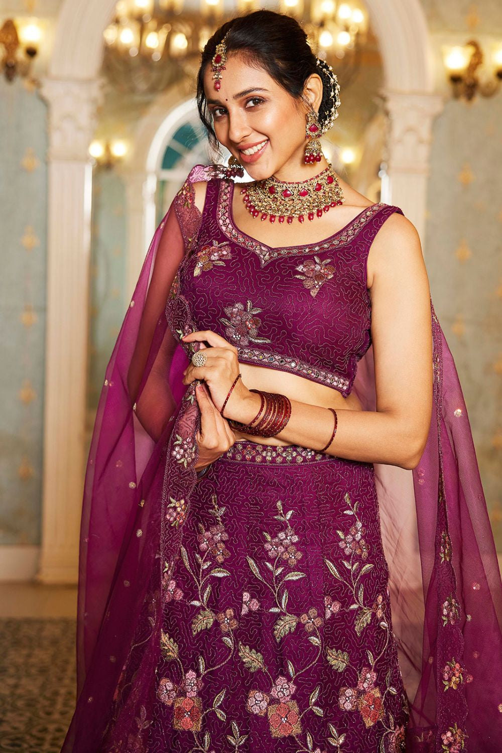 Burgundy Net Wedding Lehenga With Zari Work SFROY509017