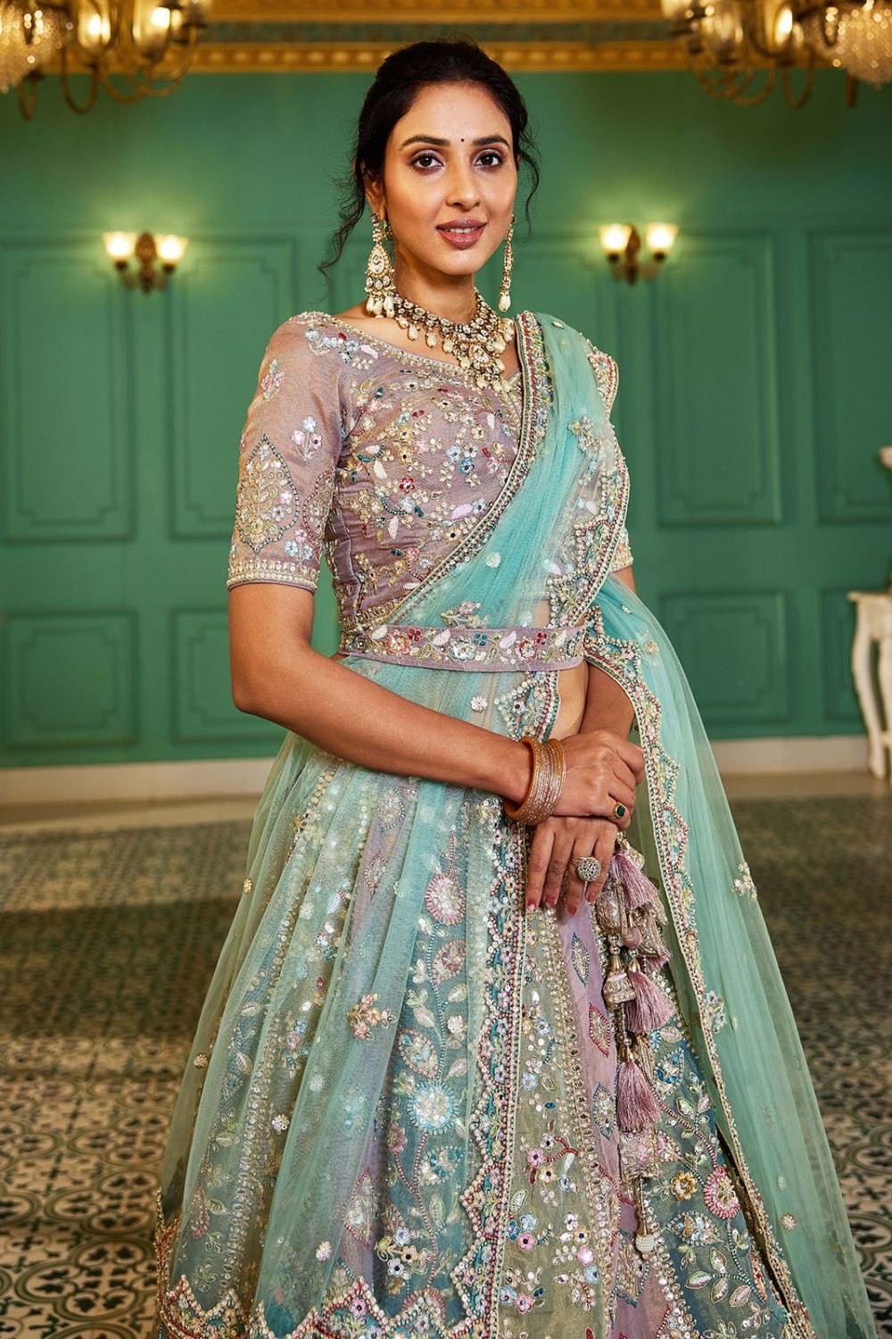 Elevated Peach Net Bridal Wedding Lehenga  SFROY509101