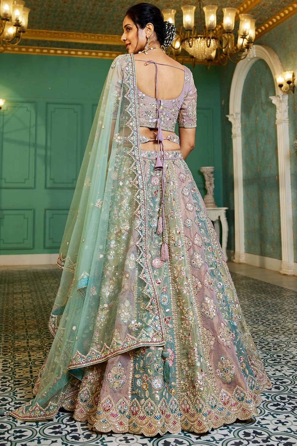 Elevated Peach Net Bridal Wedding Lehenga  SFROY509101