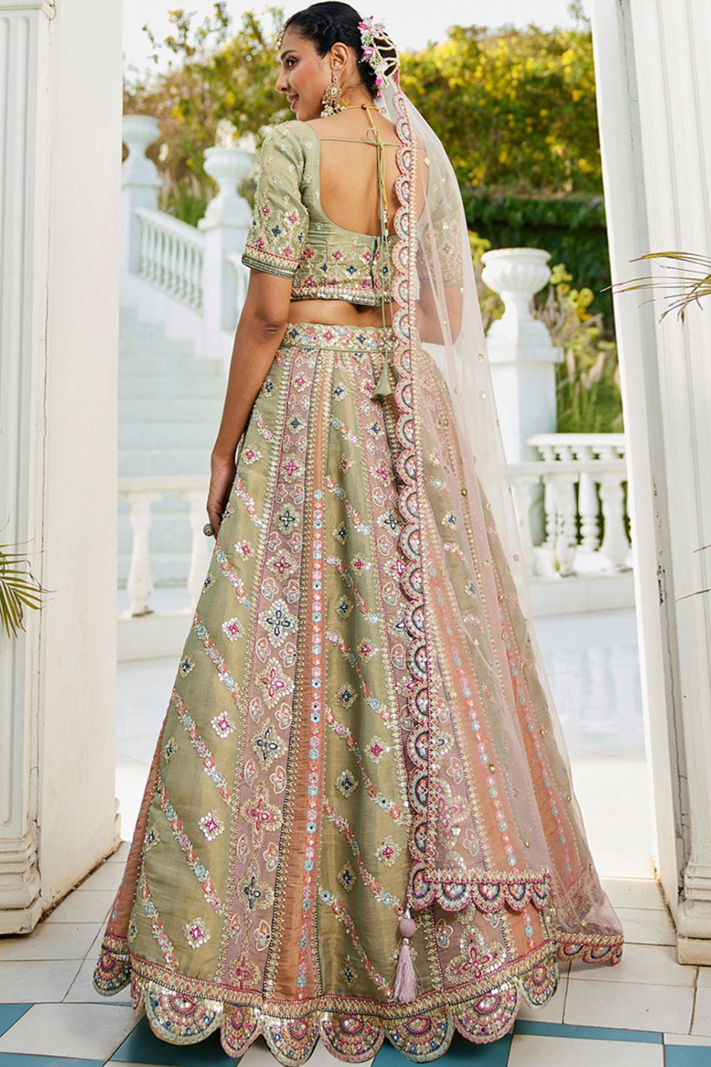 Elevated Green Net Bridal Wedding Lehenga SFROY509102