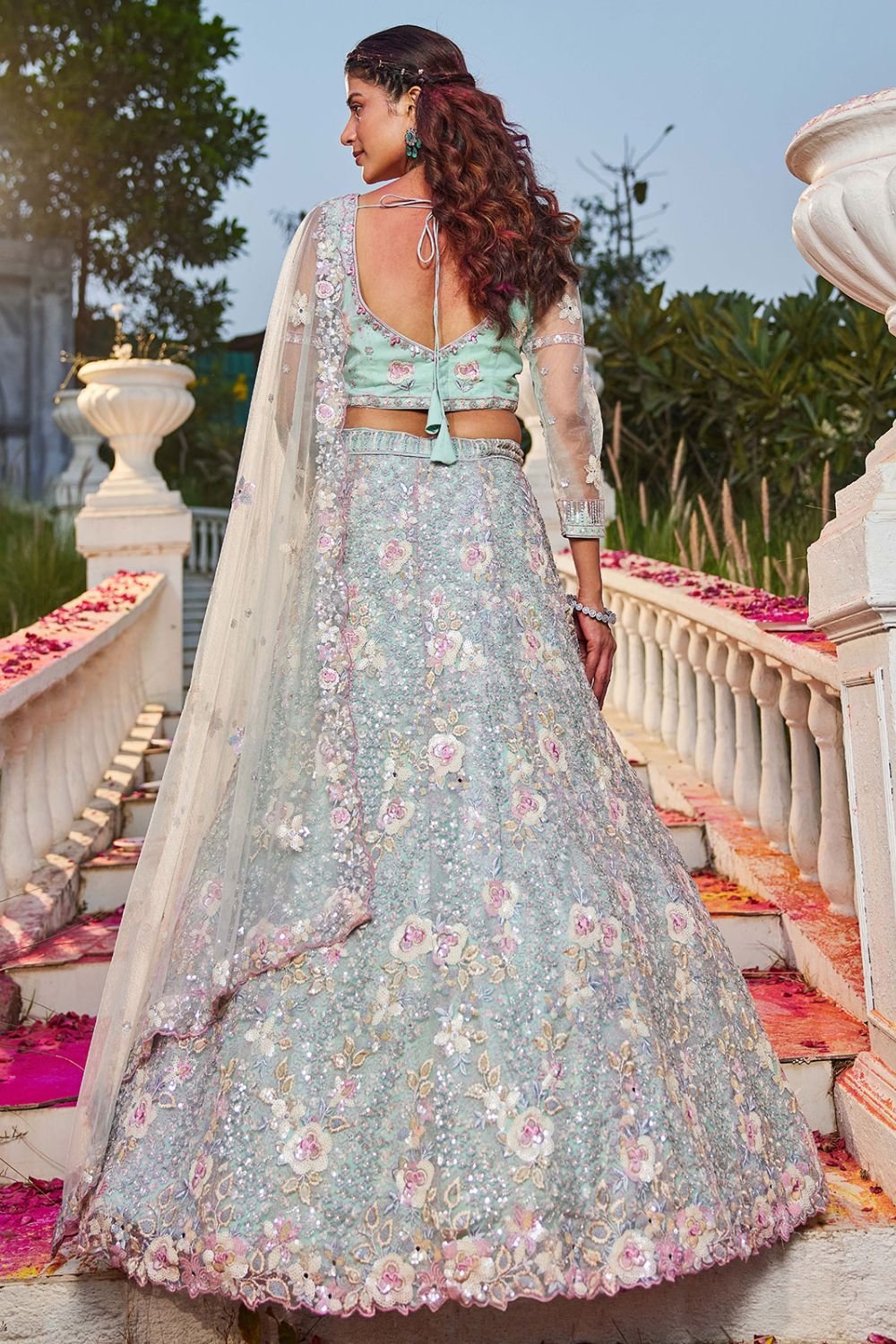 Green Pink Net Designer Engagement Lehenga SFROY509107