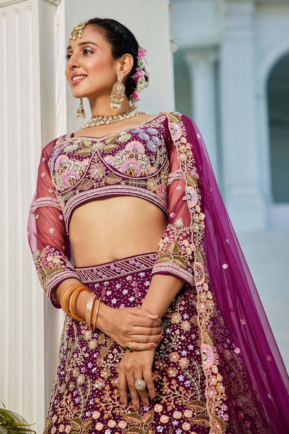 Elevated Burgundy  Net Bridal Wedding Lehenga SFROY509108