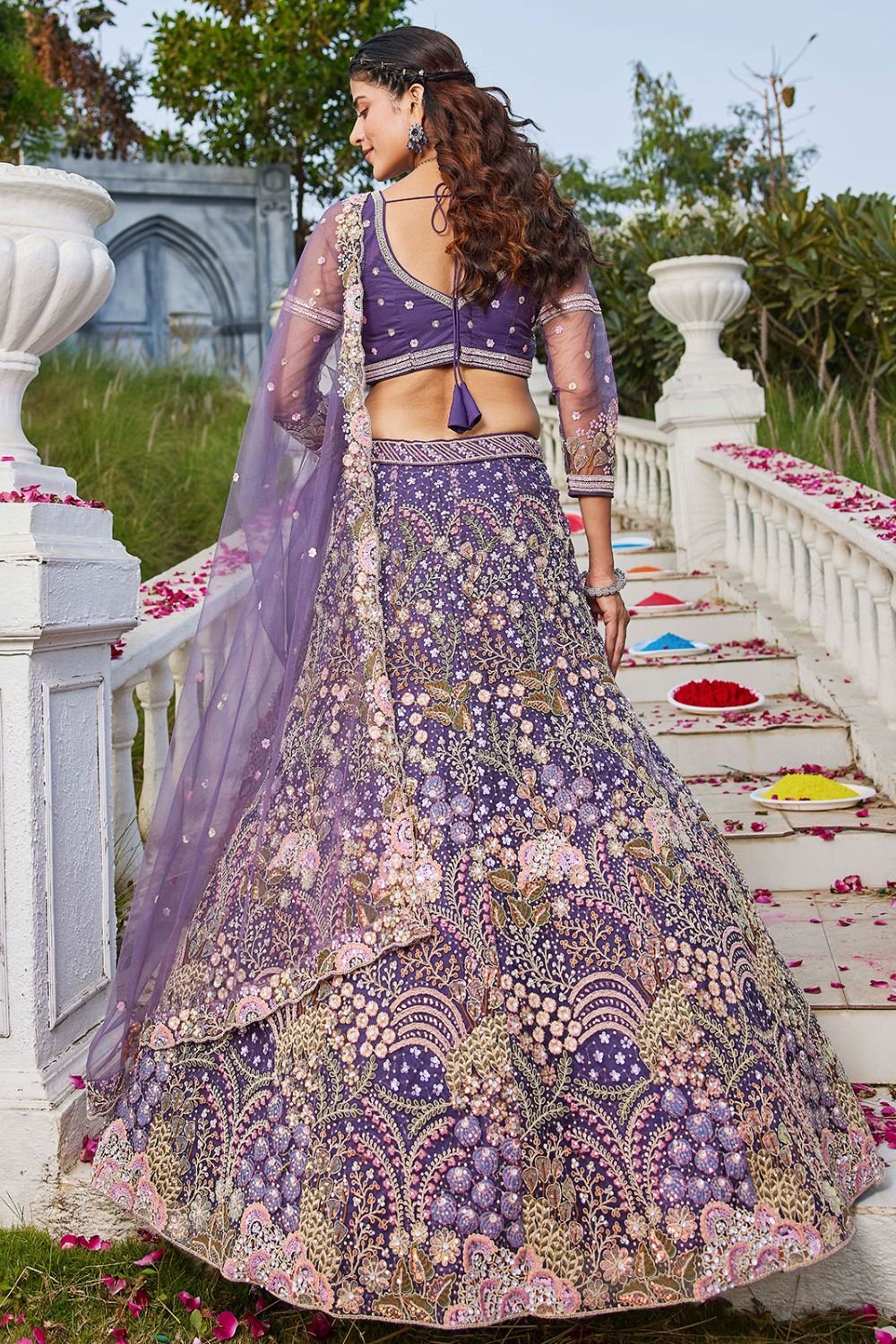 Purple Net Designer Wedding Party Lehenga SFROY509112