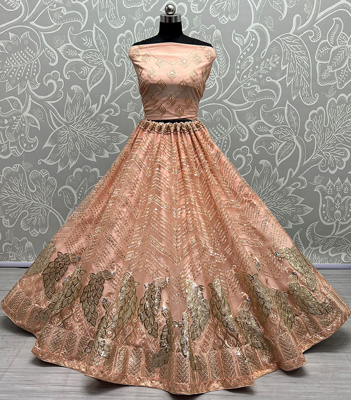 Peach Net Designer Reception Wedding Lehenga SFANJ2174