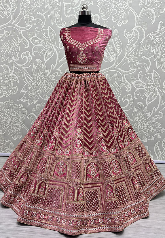 Regal Pink Velvet Wedding Reception Lehenga Set SFANJ2468