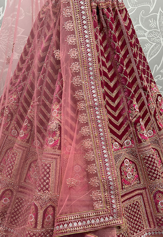 Regal Pink Velvet Wedding Reception Lehenga Set SFANJ2468