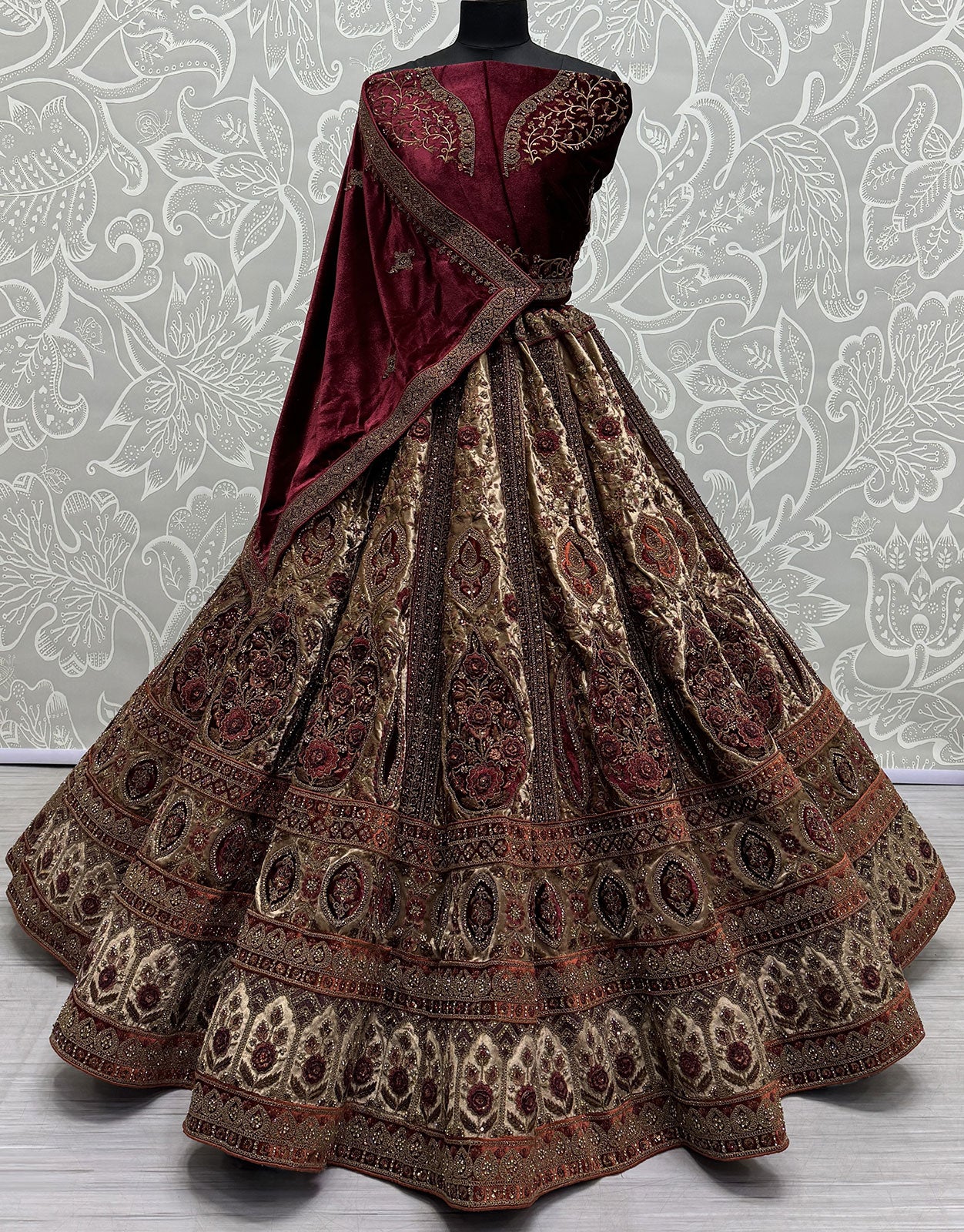 Beige Bridal Wedding Lehenga Choli Set In Velvet SFANJ2741