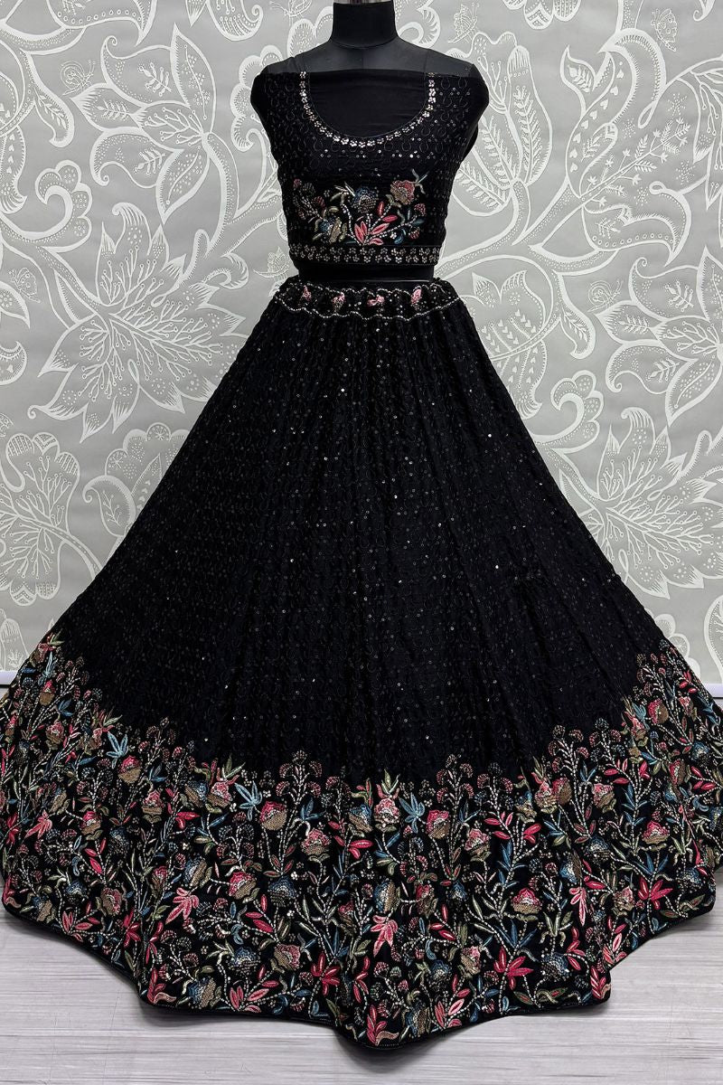 Enchanting Black Chinnon Wedding Lehenga SFANJ2923