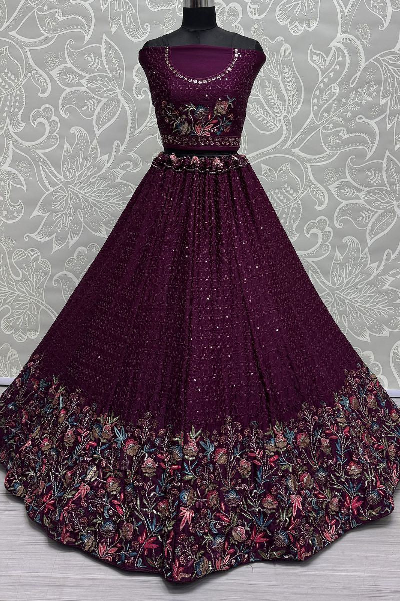 Enchanting Maroon Chinnon Wedding Lehenga SFANJ2924