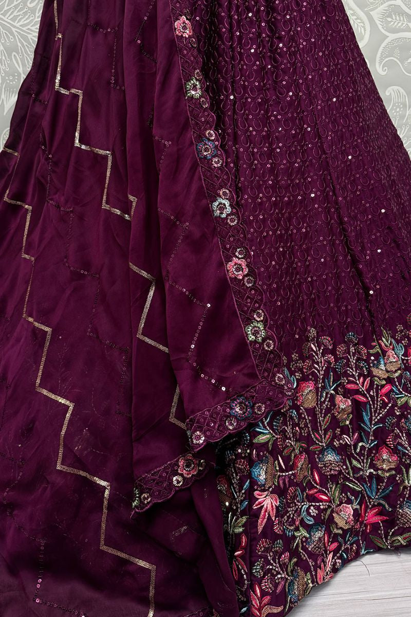 Enchanting Maroon Chinnon Wedding Lehenga SFANJ2924