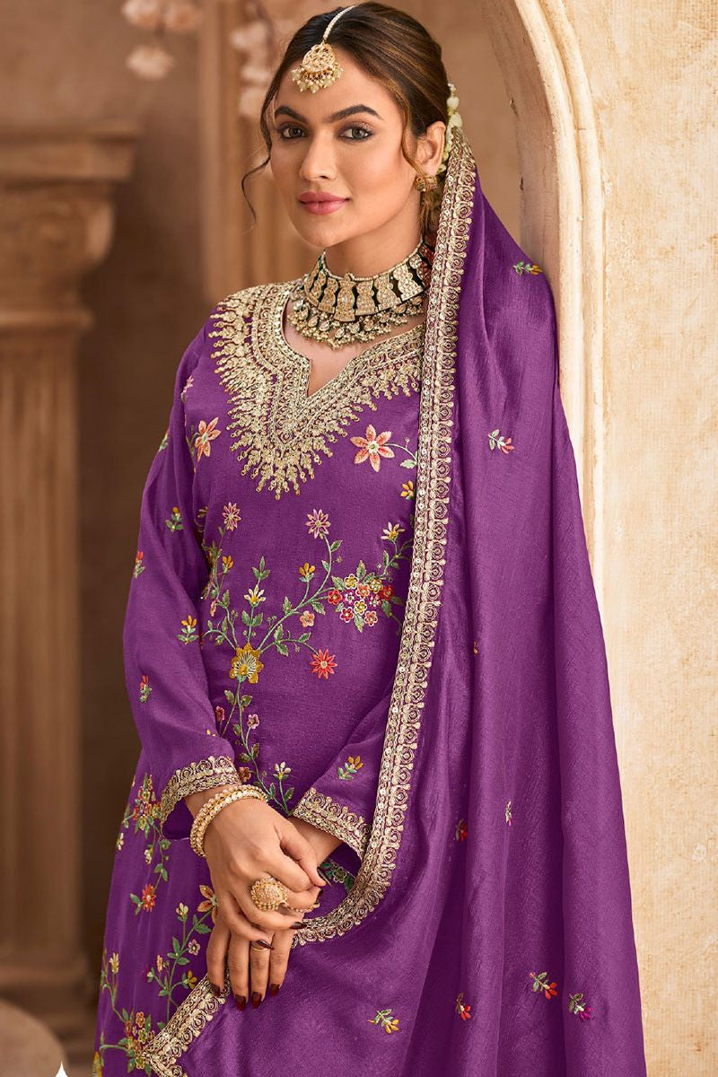 Purple Sangeet Wedding Party Palazzo Salwar Kameez In Chinnon Silk SFYS144801