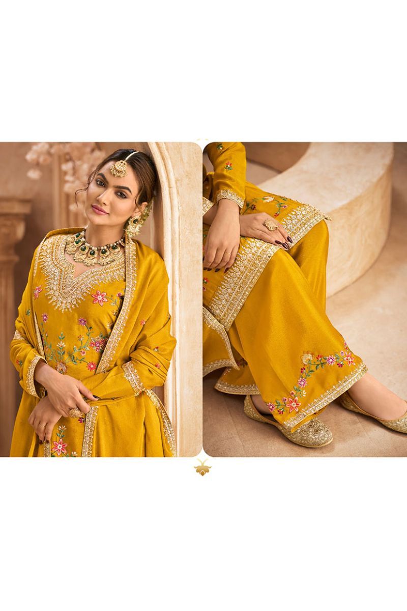 Yellow Sangeet Wedding Party Palazzo Salwar Kameez In Chinnon Silk SFYS144802