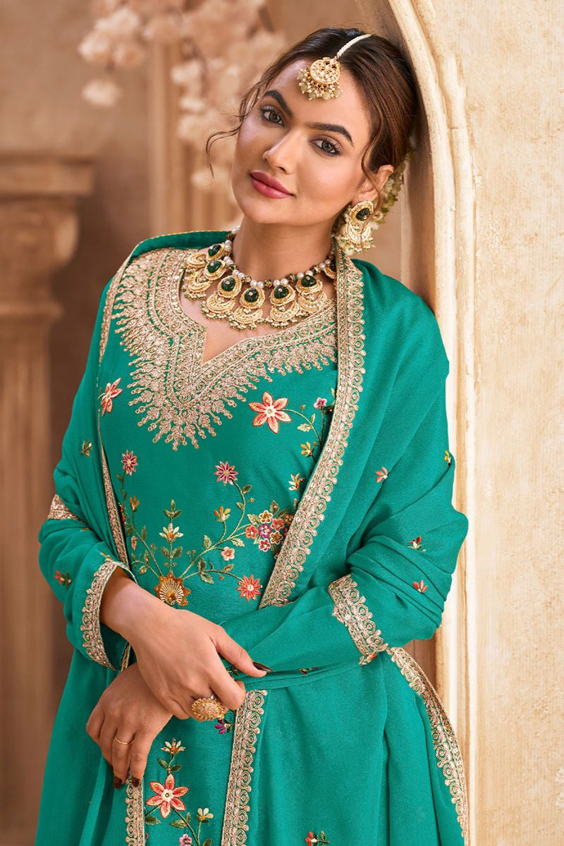 Green Sangeet Wedding Party Palazzo Salwar Kameez In Chinnon Silk SFYS144804