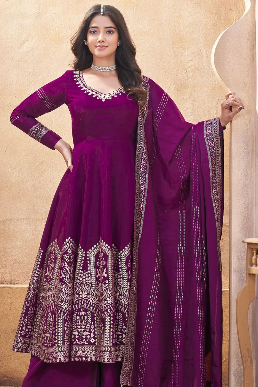 Burgundy Wine Palazzo Kameez In Silk SFYS144701R