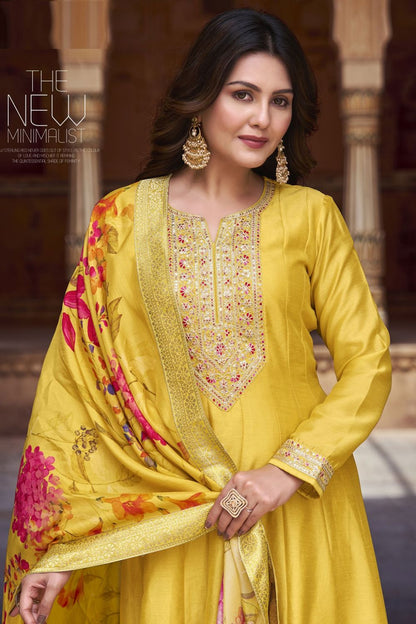 Yellow Wedding Haldi Sangeet Party Silk Anarkali Salwar Gown SFYS132701