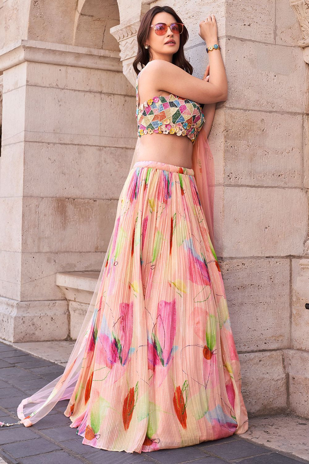 Peach Chinnon Silk Evening Party Lehenga SFSMT40401