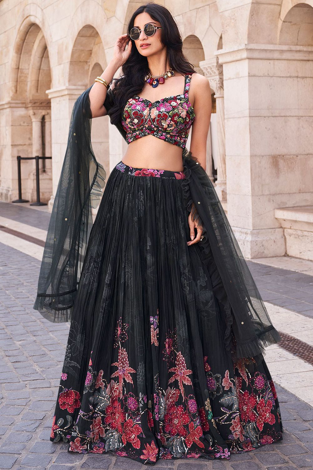 Black Chinnon Silk Evening Party Lehenga SFSMT40402