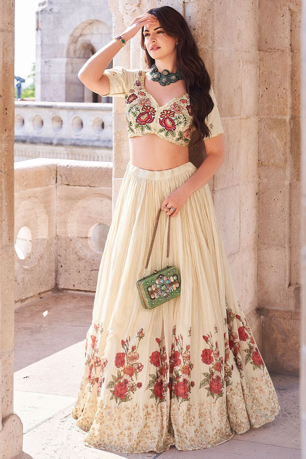 Cream Chinnon Silk Evening Party Lehenga SFSMT40403