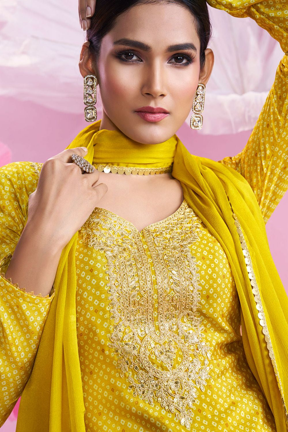 Yellow Sangeet Wedding Party Palazzo Salwar Kameez In Chinnon Silk SFFK23902