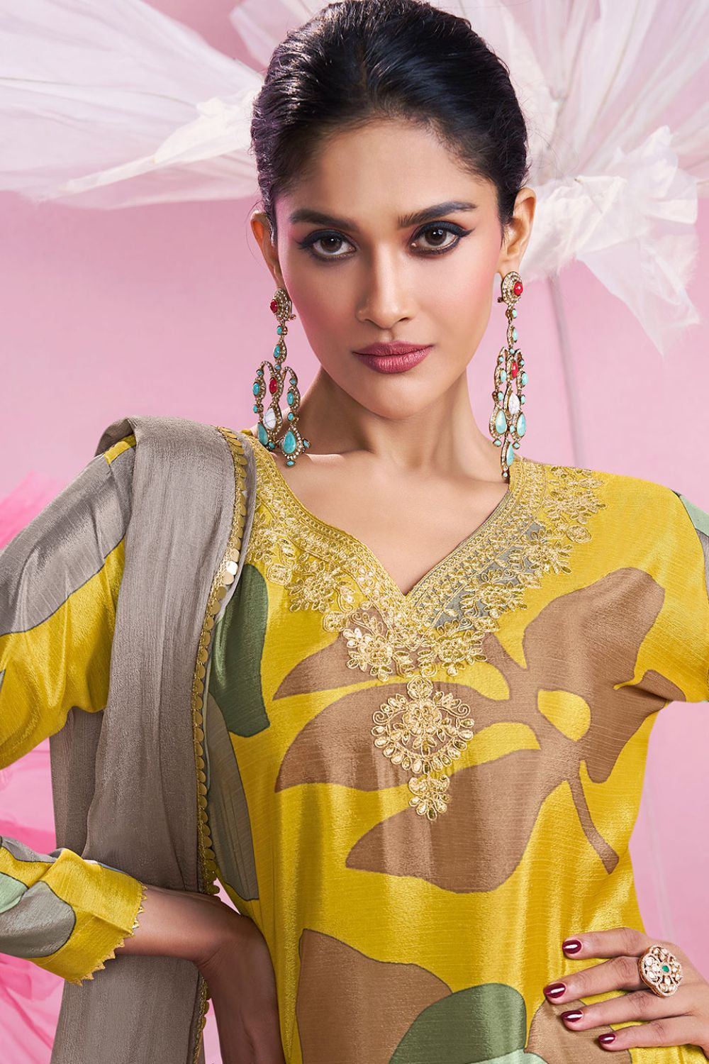 Yellow Sangeet Wedding Party Palazzo Salwar Kameez In Chinnon Silk FFK23904