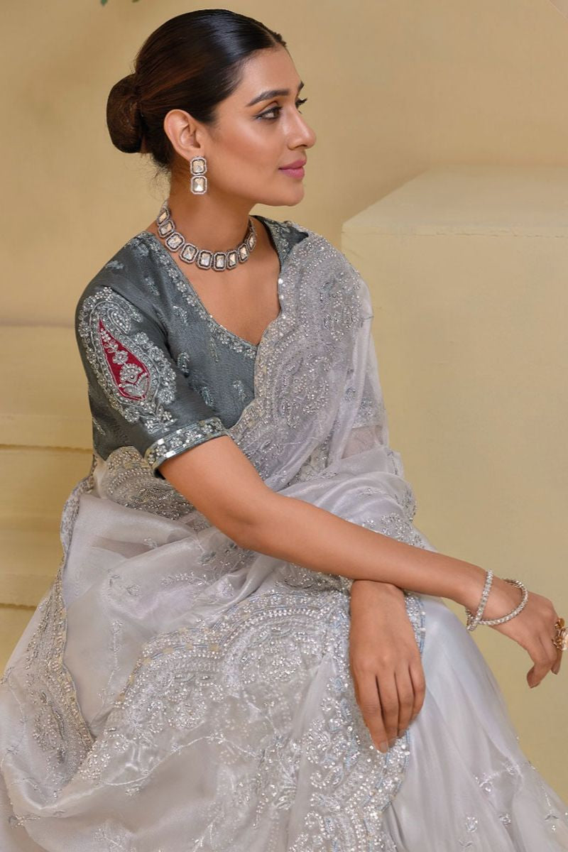 Grey Banarasi Wedding Reception Saree SFSA466712