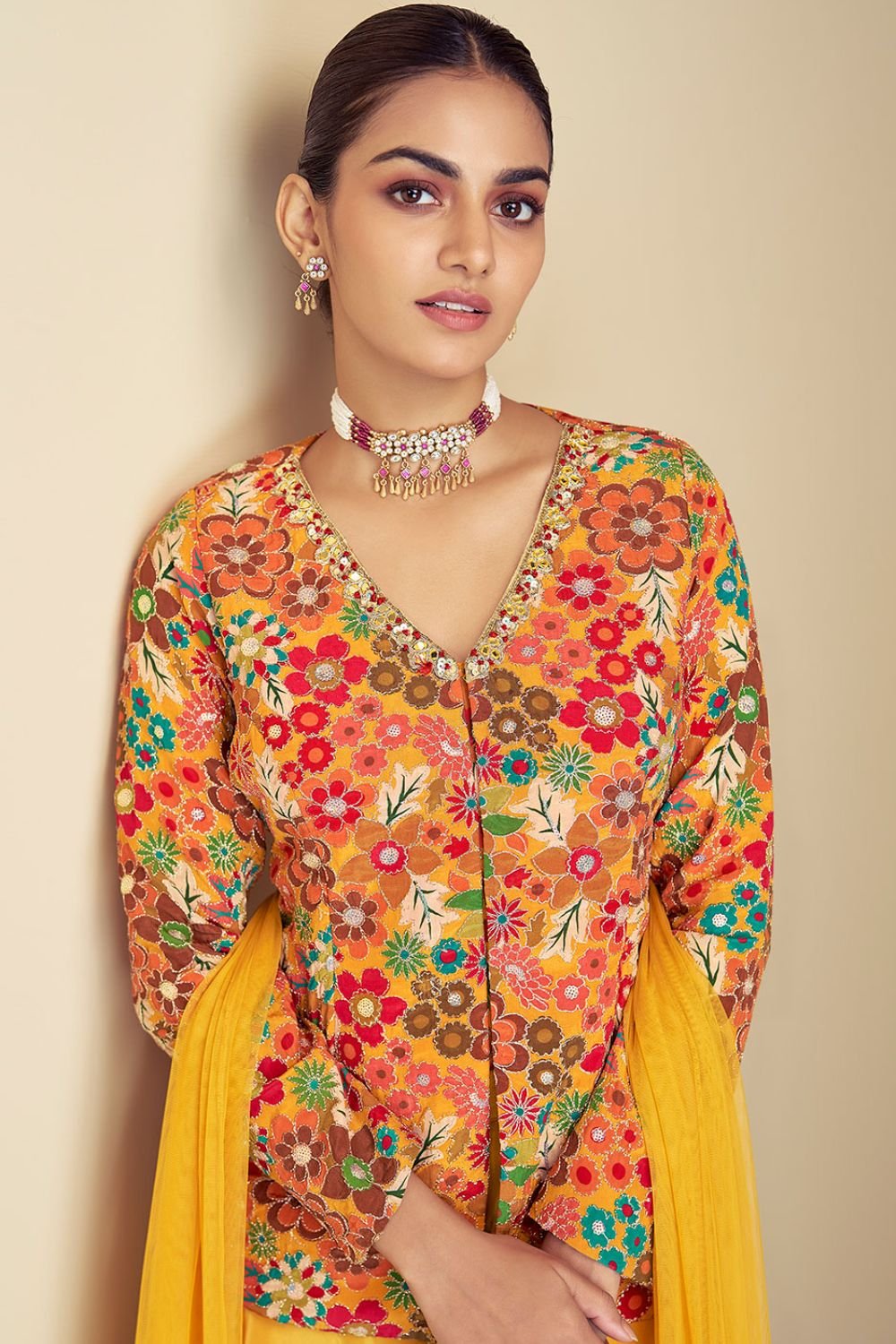 Edgy Yellow  Sangeet Palazzo Kameez In Chinnon  SFSMT41302