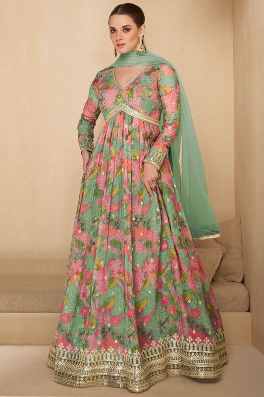 Amazing Mint Green Colour Embroidered Georgette Anarkali Gown SFYS128602