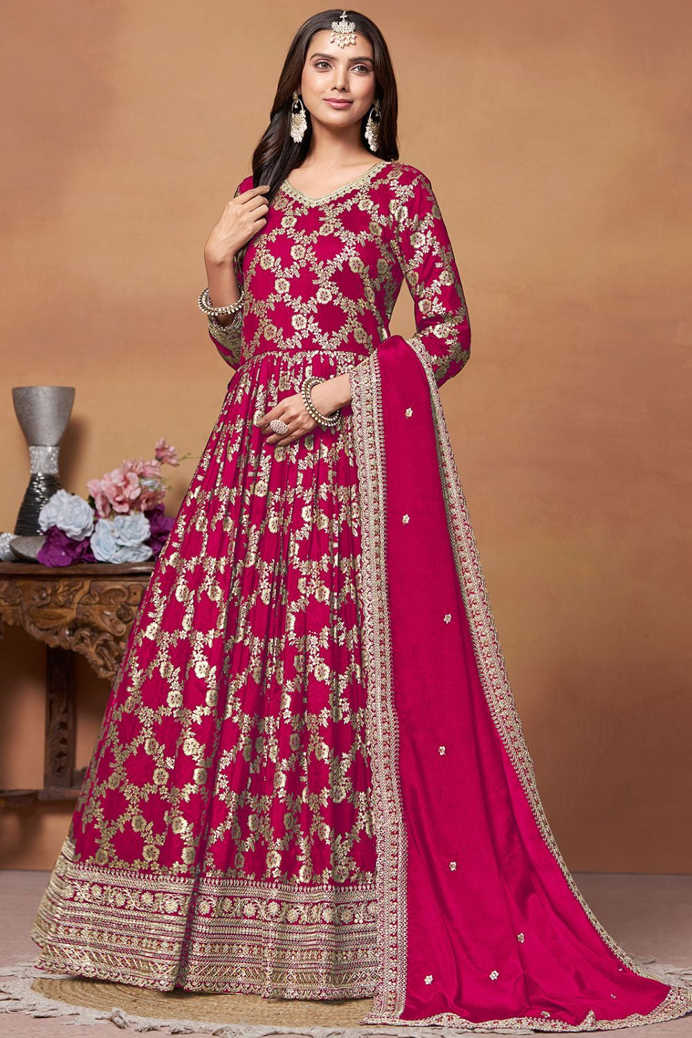 Beautiful Dark Pink Colour Jacquard Anarkali Suit SFDFS29204